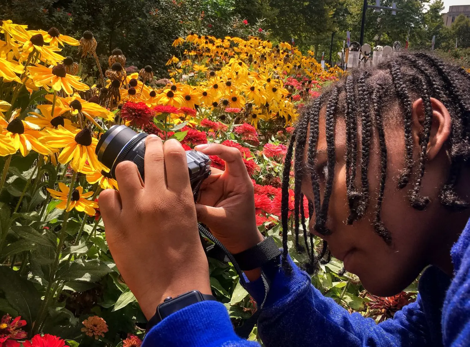 Student photographing flowers during a learning outing