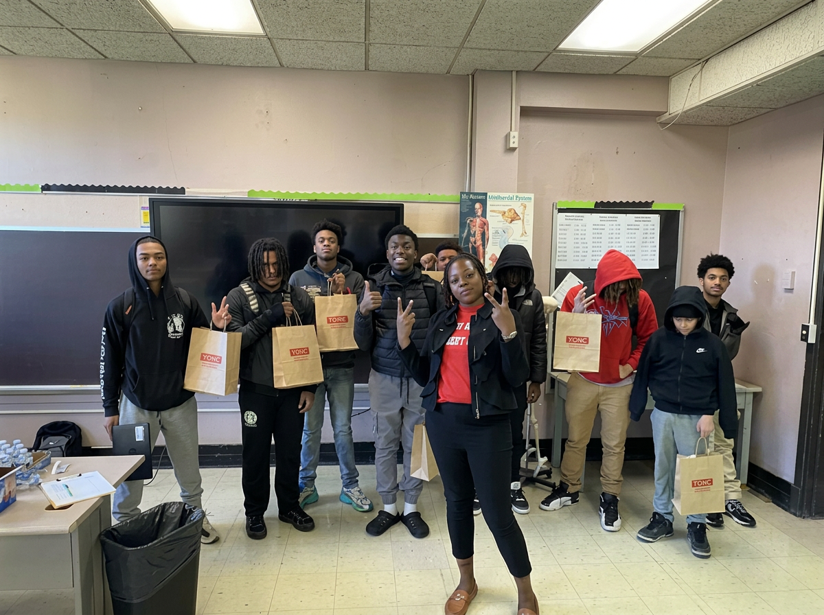 Amachi Ambassadors in a classroom holding gift bags