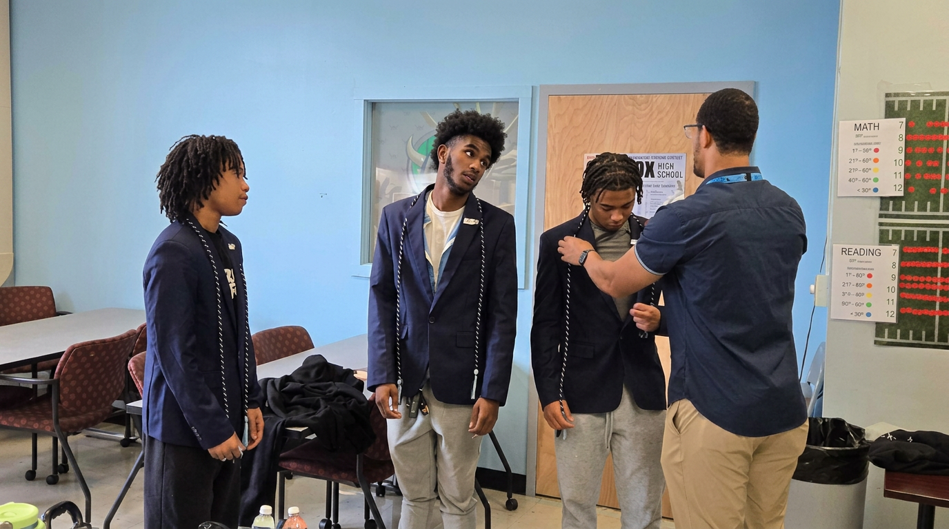 Amachi Ambassadors putting on blazers and honor cords before a ceremony