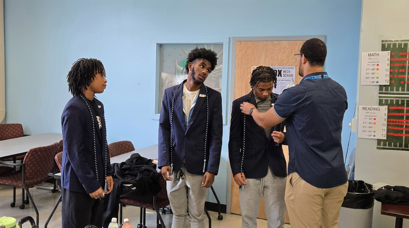 Youth in blazers receiving cords from an Amachi staff member